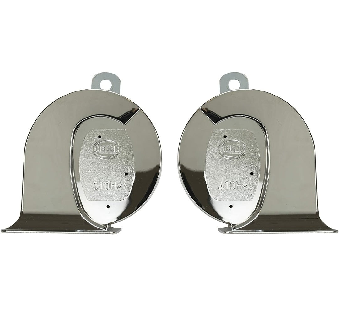 Hella Chrome Trumpet Horn Set ( 12V,400/500 Hz,105 -118 dB @ 2m)