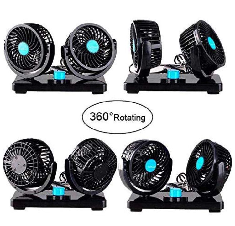 Car Fan 12V 360 Degree Rotatable Dual Head 2 Speed Quiet Strong Dashboard Auto Cooling Air Fan - for DC TCA