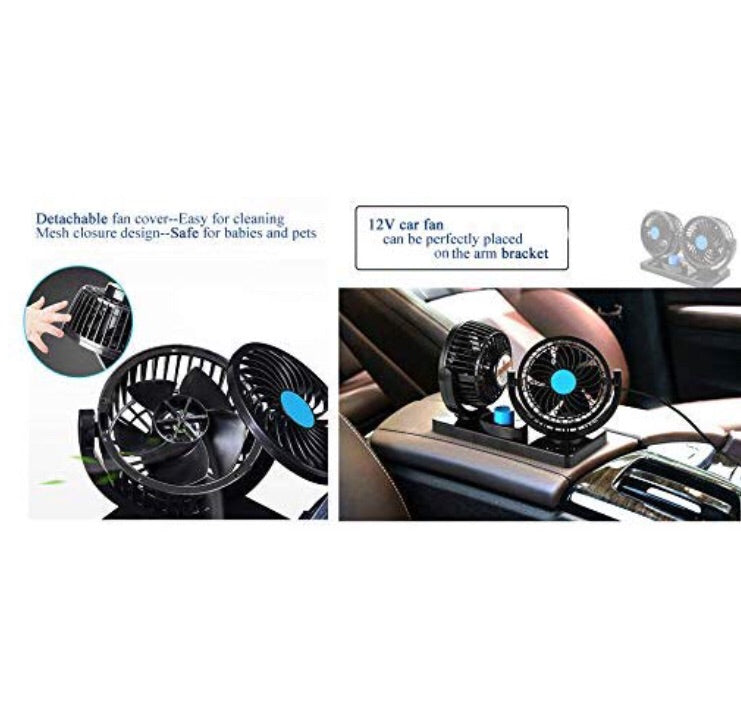 Car Fan 12V 360 Degree Rotatable Dual Head 2 Speed Quiet Strong Dashboard Auto Cooling Air Fan - for DC TCA