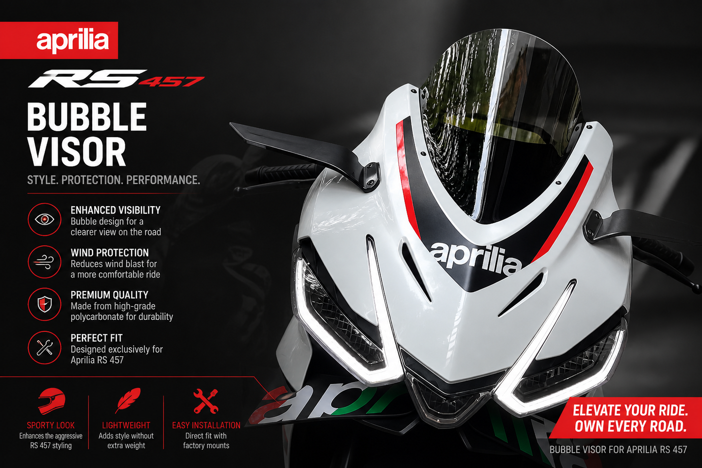 Aprilia RS 457 (2024–2025) Dark Smoked Race Windscreen | Bubble Visor Sport Upgrade