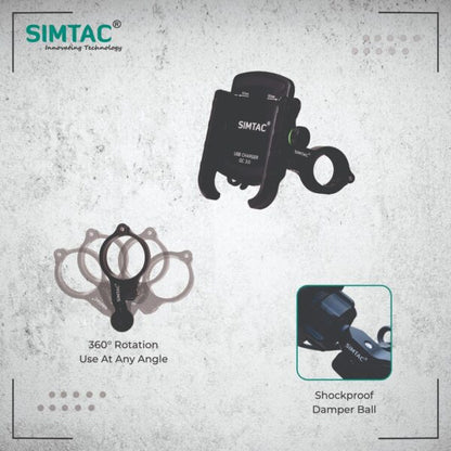 SIMTAC Super Grip Mobile Holder with charger ( QC 3.0) Bikes/ Scooters| MHC3