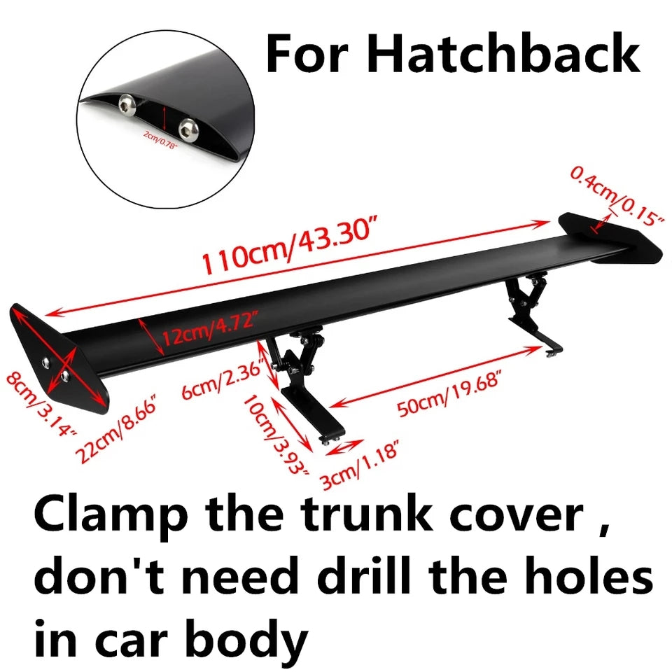 43.3" 110cm Black Auto Car Hatchback Spoiler Universal GT Rear Trunk Wing Racing Spoilers Aluminum Clamp Trunk