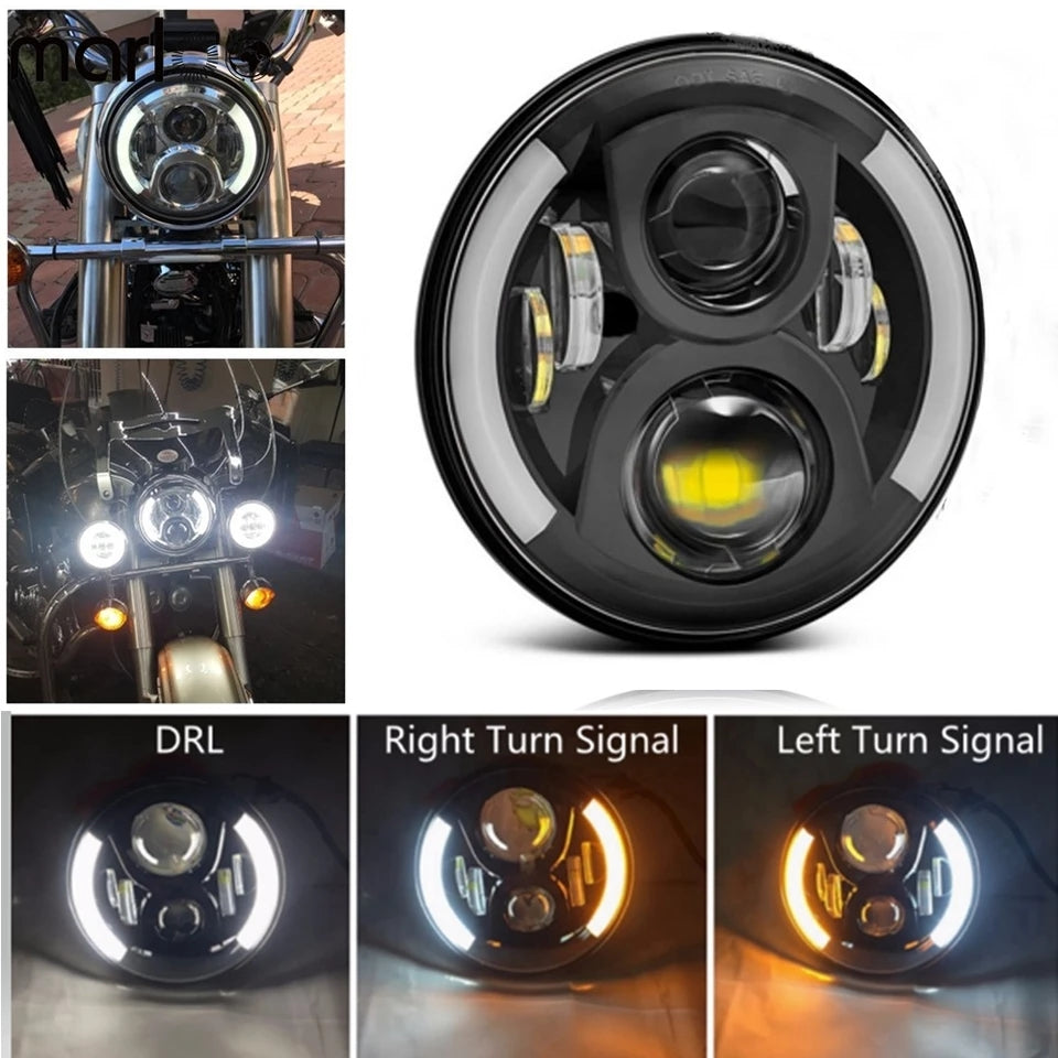Motorcycle 60W 7 Inch LED Projector Headlight Left Right Amber Turn Signal White DRL Headlmap 7" (1 Lamp)