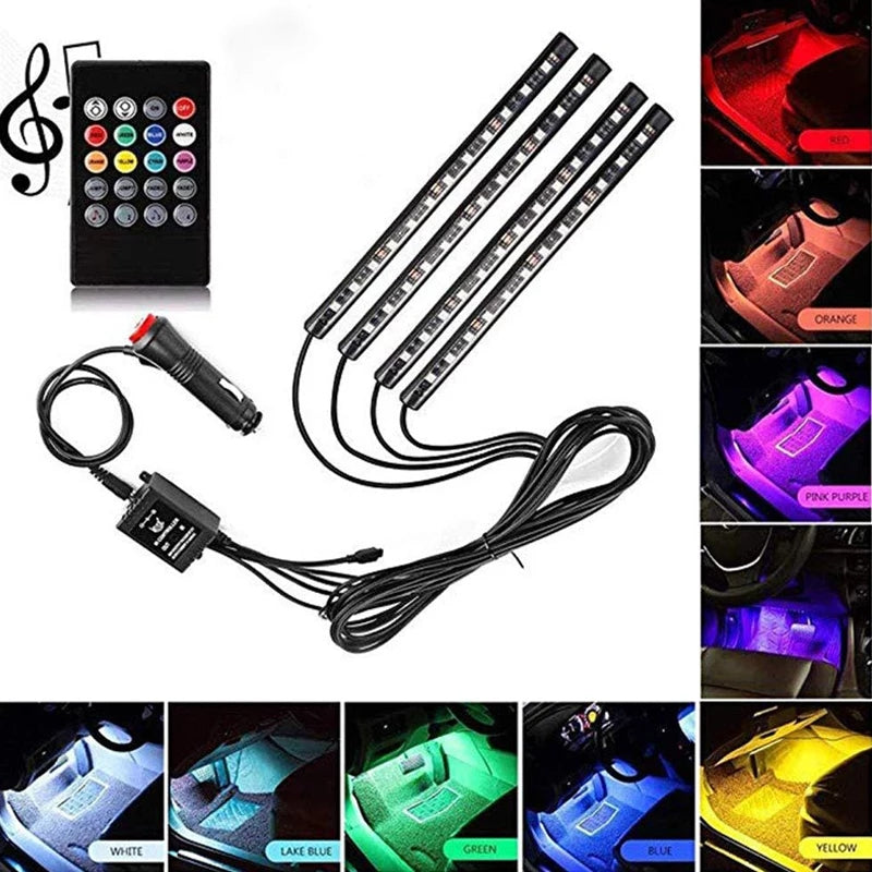 4Strips 5050 RGB Multicolor 12 LED Car Interior Lighting Music Rhythm Light Sound Control Atmosphere Bulb Cigaratte Lighter 12V