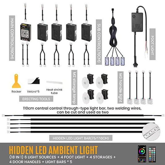Cardi Interior Ambient Atmosphere Light, 6th Gen With K3 LED Strips, 2 Zone With App + Touch + Remote Control (1 in 18 Way)