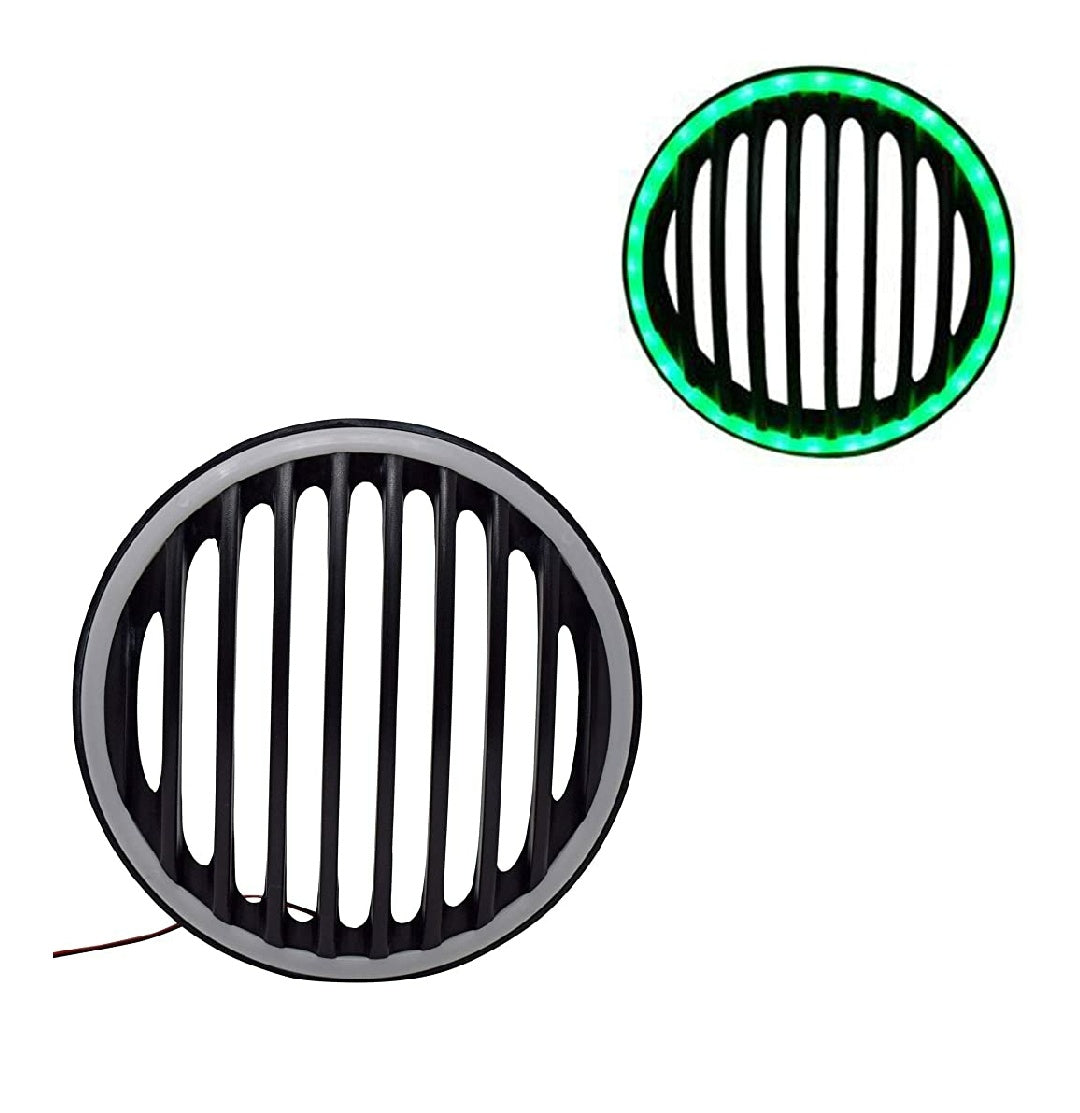 Plastic LED Bullet Headlight Grill for Royal Enfield Bullet Classic 350 & 500 (Black) (Single Grill, Green Ring Headlight Grill)