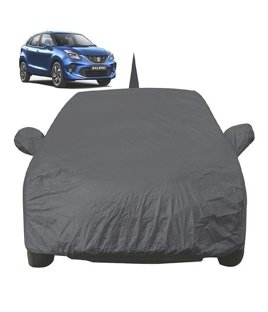 Car Body Cover for Maruti Baleno (2015 to 2021) with Mirror and Antenna Pocket (Light Weight, Triple Stitched, Heavy Buckle, Bottom Fully Elastic, Grey )