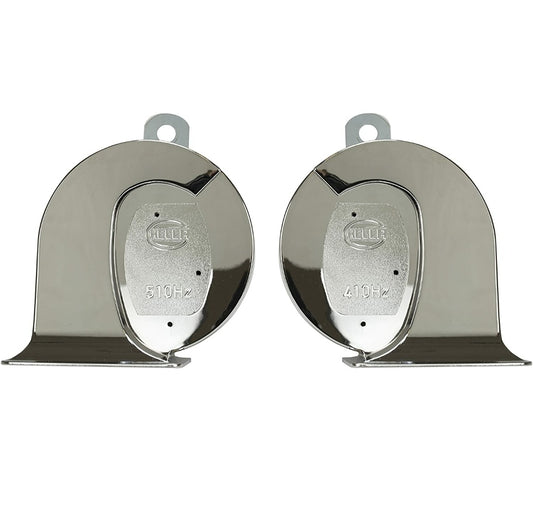 Hella Chrome Trumpet Horn Set ( 12V,400/500 Hz,105 -118 dB @ 2m)