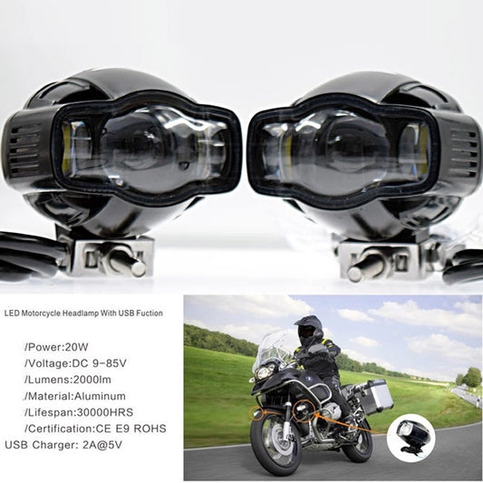 Universal Motorcycle Fog light 22-40mm IP65 LED Headlight lamp With USB Charger