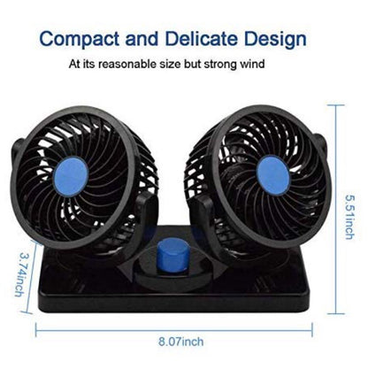 Car Fan 12V 360 Degree Rotatable Dual Head 2 Speed Quiet Strong Dashboard Auto Cooling Air Fan - for DC TCA