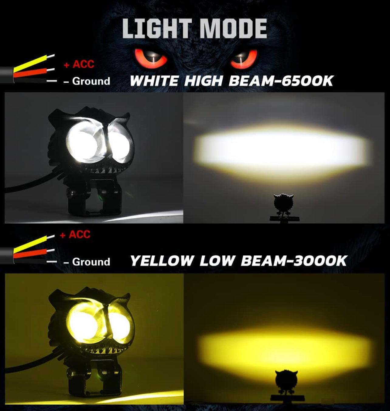OWL Shape HJG Fog Yellow-White light with Flashing Low & High Beam for universal vehicles 9V-60V 40W