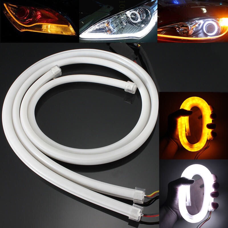 Pair 60cm LED Flexible Soft Tube Guide Car Strip White DRL&Amber Turn Signal Light